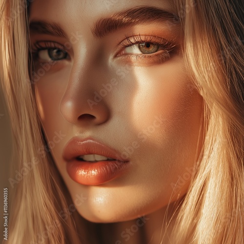 Close-up of a woman with blonde hair and glowing facial features photo