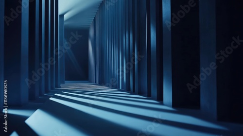 Dark blue corridor with light rays and columns.