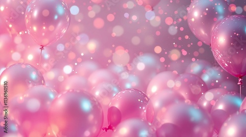 A flurry of iridescent pink balloons, creating a dreamy, celebratory atmosphere.