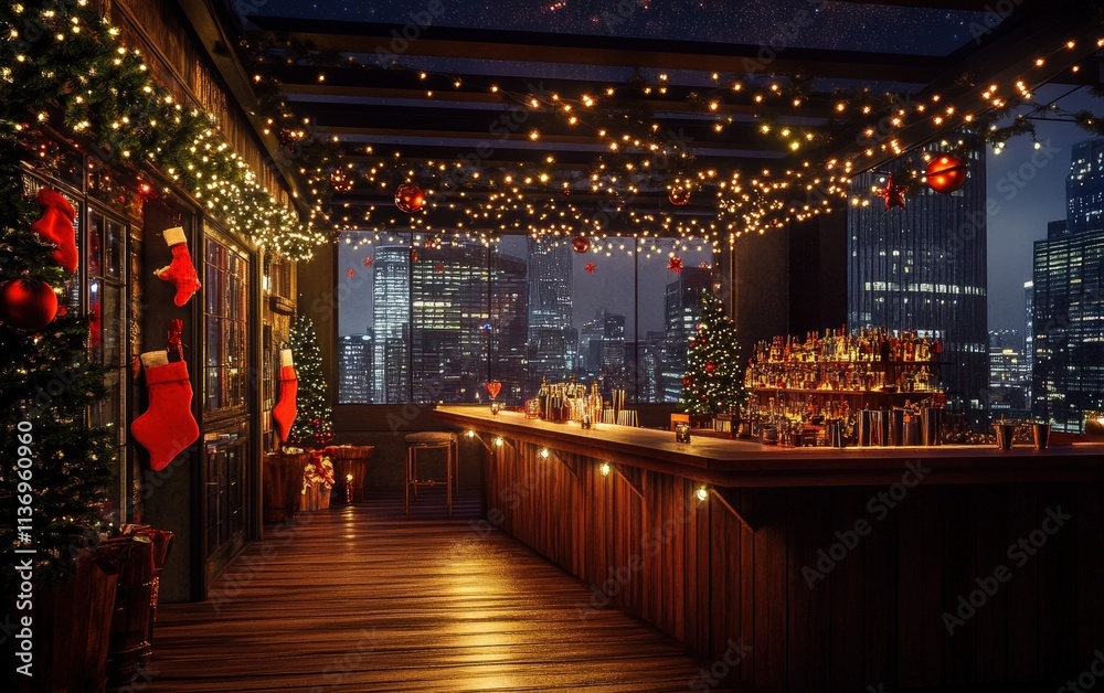 An urban hotel rooftop with a festive winter bar, glowing fairy lights, and a view of a city skyline adorned with holiday decorations An urban hotel rooftop with a festive winter bar, glowing fairy lights, and a view of a city skyline adorned with holiday decorations