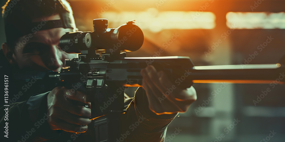 Fototapeta premium Person Aiming Rifle with Scope