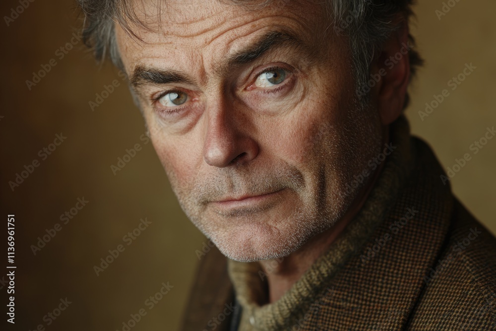 Close-up portrait of a pensive, middle-aged man with graying hair and green eyes. Close-up portrait of a pensive, middle-aged man with graying hair and green eyes.