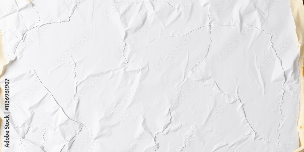 Obraz premium A close-up image of a crumpled white paper poster with visible wrinkles and creases, worn, crinkled, poster