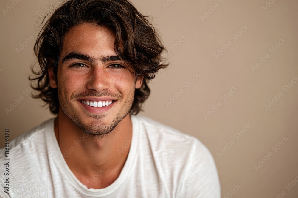 A young man with long brown hair smiles warmly at the camera, wearing a plain white t-shirt against a beige background. A young man with long brown hair smiles warmly at the camera, wearing a plain white t-shirt against a beige background.