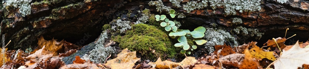 Close up view of moss and lichen on a tree trunk surrounded by autumn leaves and green algae on the ground Close up view of moss and lichen on a tree trunk surrounded by autumn leaves and green algae on the ground