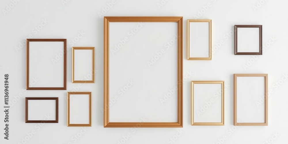 A collection of hanging gallery frames mockups on a white wall background, frames, template, wall A collection of hanging gallery frames mockups on a white wall background, frames, template, wall