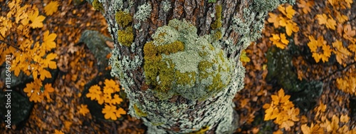 Close up view of moss and lichen on a tree trunk surrounded by autumn leaves and green algae on the ground