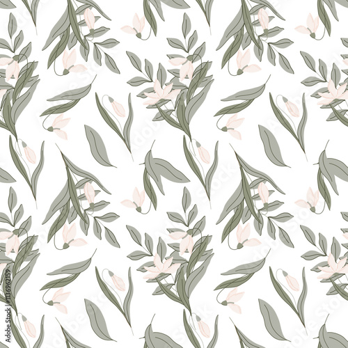 Vector seamless pattern with elegant hand drawn flat botanical illustration, snowdrop flowers, green leaves. The minimalistic style, pastel colors, perfect for print, packaging, textiles, wallpaper