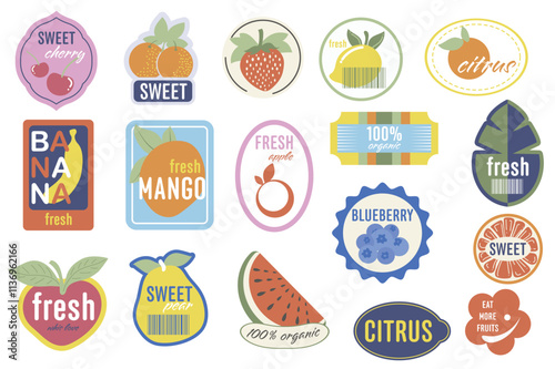 Retro fruit stickers set elements in flat graphic design. Collection of food labels with sweet cherry, orange, strawberry, lemon, citrus, banana, fresh mango, apple, pear, other. Vector illustration.