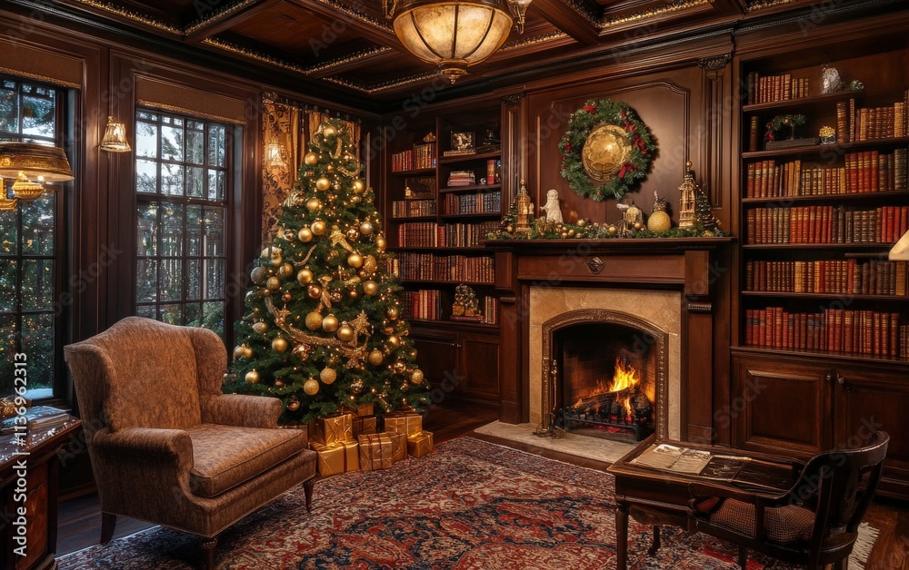 Fototapeta premium Elegant library-style room with a crackling fireplace, bookshelves, a Christmas tree decorated with gold ornaments, and a cozy armchair