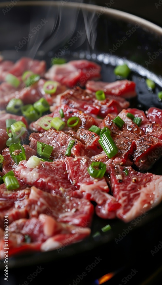 Close up of marbled beef searing in skillet with green onions, showcasing exquisite gourmet texture Close up of marbled beef searing in skillet with green onions, showcasing exquisite gourmet texture