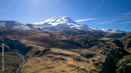 Beautiful view of the snowy peaks of Mount Elbrus. Landscape and nature of the North Caucasus