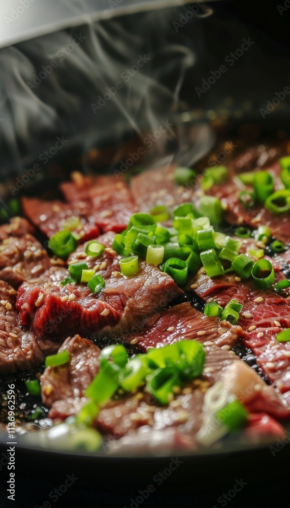Close up of marbled beef searing in skillet with green onions, showcasing gourmet quality and flavor Close up of marbled beef searing in skillet with green onions, showcasing gourmet quality and flavor