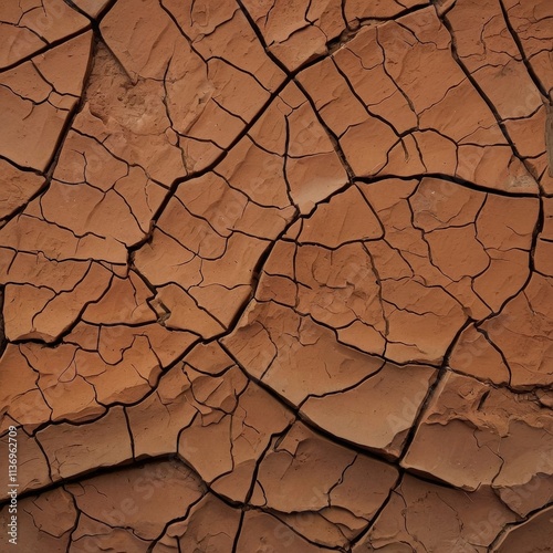 Texture of dried out earth, cracked clay-colored soil photo