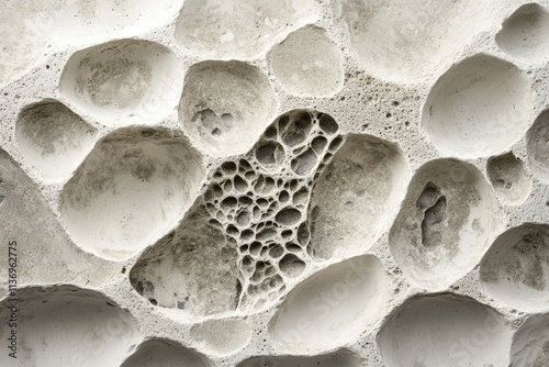 Close-up of a porous, light-grey stone surface with irregular holes and cavities. photo