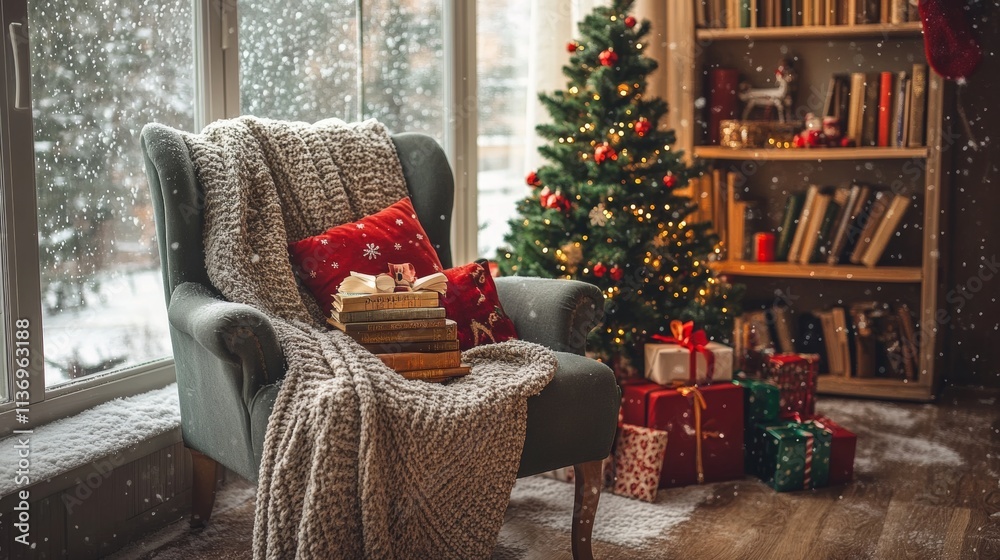 Obraz premium Cozy Christmas living room with a decorated tree, presents, and a plush armchair by a snowy window