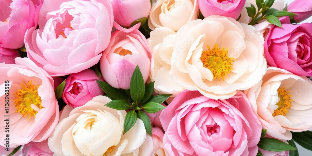 Fresh bunch of pink peonies and roses with a blank space for text, flowers, blooming Fresh bunch of pink peonies and roses with a blank space for text, flowers, blooming
