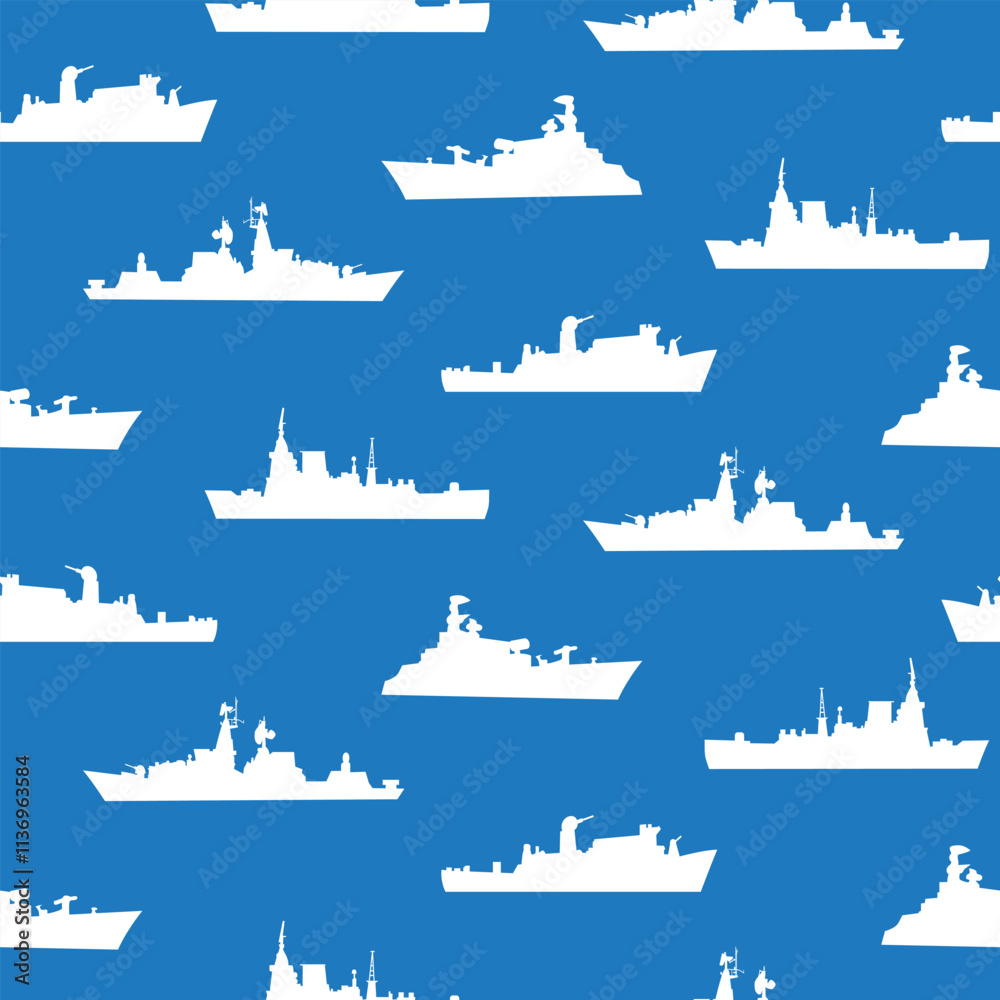 Fototapeta premium Navy Ships on Blue Fleet Naval Cutters Vector Seamless Pattern