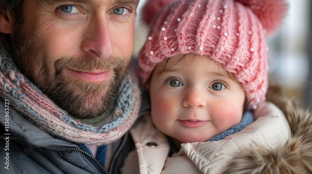 A close-up of a man holding a smiling child, both wearing winter clothing. A close-up of a man holding a smiling child, both wearing winter clothing.