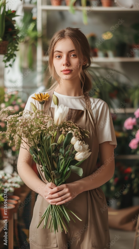Obraz premium Young florist holding bouquet in flower shop, wearing apron. Surrounded by blooming plants