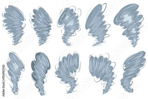Tornado set elements in flat graphic design. Collection of hurricane air and whirlwinds, grey twisters, destruction whirlpool, thunderstorm cyclone vortex, bad weather symbols. Vector illustration.