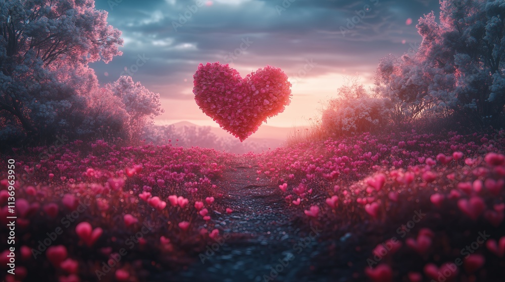 A heart is floating in the air above a field of pink flowers. The heart is surrounded by pink flowers and is the center of attention