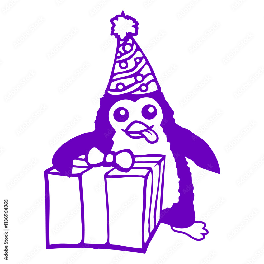 Obraz premium Penguin Birthday Gift Party Celebration Hat Child Design Lover Art Vector Illustration Card T-Shirt Poster Sticker Graphic Print Decorative Drawing Isolated Logo Decoration Symbol Creative Cool Style