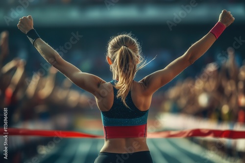 The competing athlete is the first to cross the finish line and tear off the red finish tape. the joy of victory, the long-awaited first place