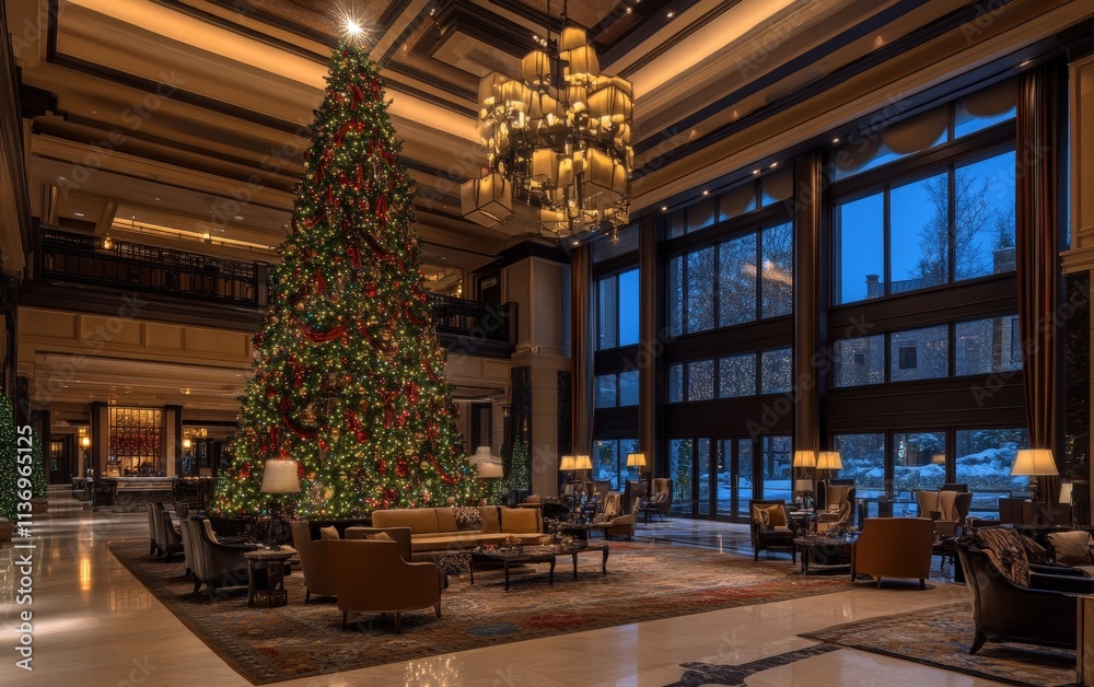 A luxurious hotel lobby decorated with a towering Christmas tree, glowing lights, and festive garlands on a snowy evening A luxurious hotel lobby decorated with a towering Christmas tree, glowing lights, and festive garlands on a snowy evening