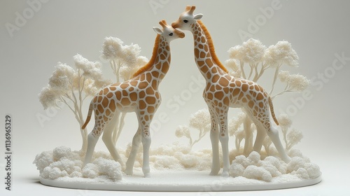 Elegant Giraffes Embracing in a Minimalist Landscape Displaying Grace and Beauty with Textured Trees and Soft White Background photo