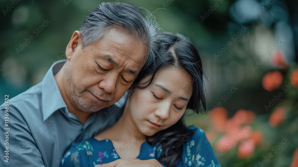 In a serene garden, an Asian-American couple embraces, sharing deep sorrow during a tough time In a serene garden, an Asian-American couple embraces, sharing deep sorrow during a tough time