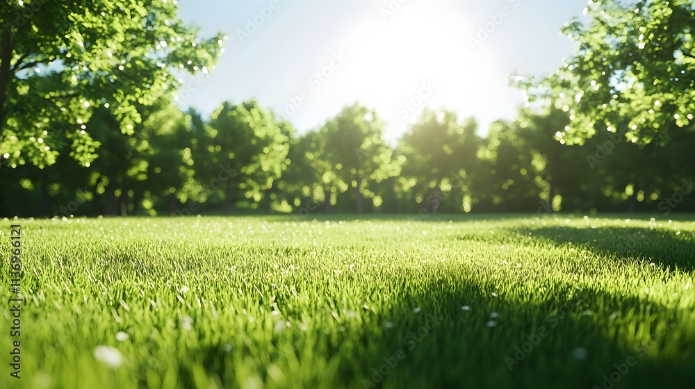 Obraz premium Background of a lush, green grass lawn with trees under a clear sky, perfect for nature and outdoor themes