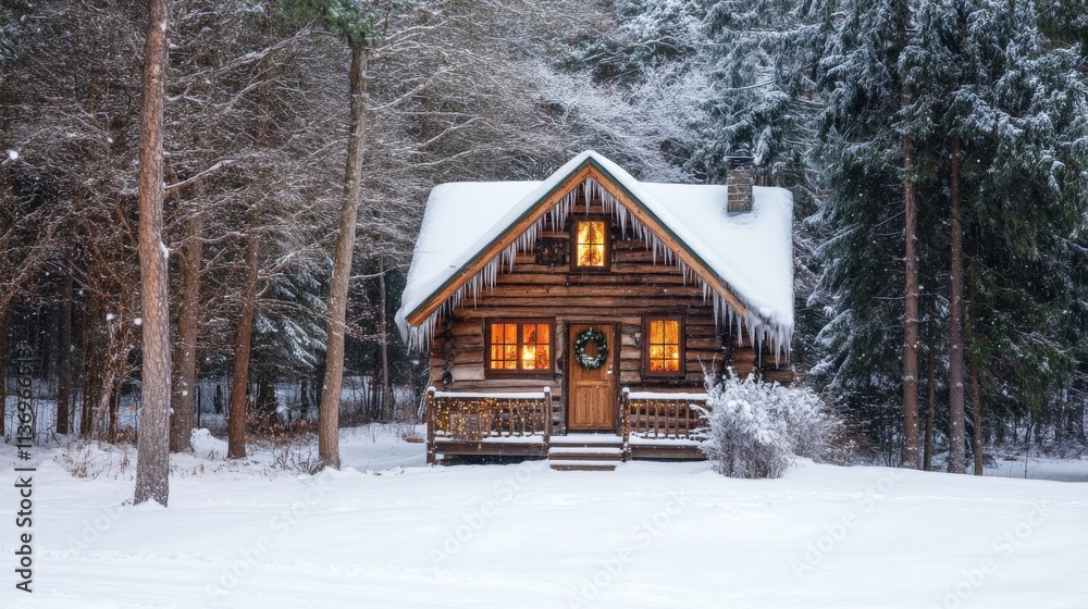 Cozy log cabin blanketed in snow, nestled among trees, radiating warmth and charm under the winter sky Cozy log cabin blanketed in snow, nestled among trees, radiating warmth and charm under the winter sky