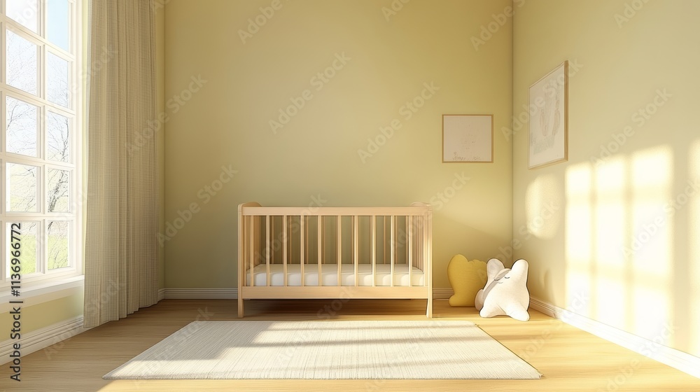 Cozy and serene nursery with a crib illuminated by soft sunlight streaming through large windows Cozy and serene nursery with a crib illuminated by soft sunlight streaming through large windows