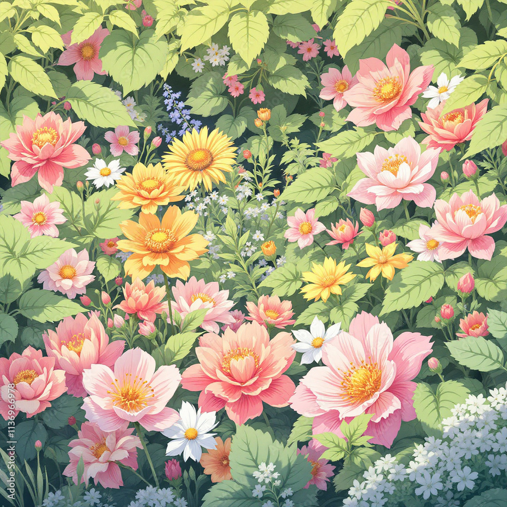 Illustration d’un jardin fleuri avec des roses et des fleurs colorées en pleine floraison.