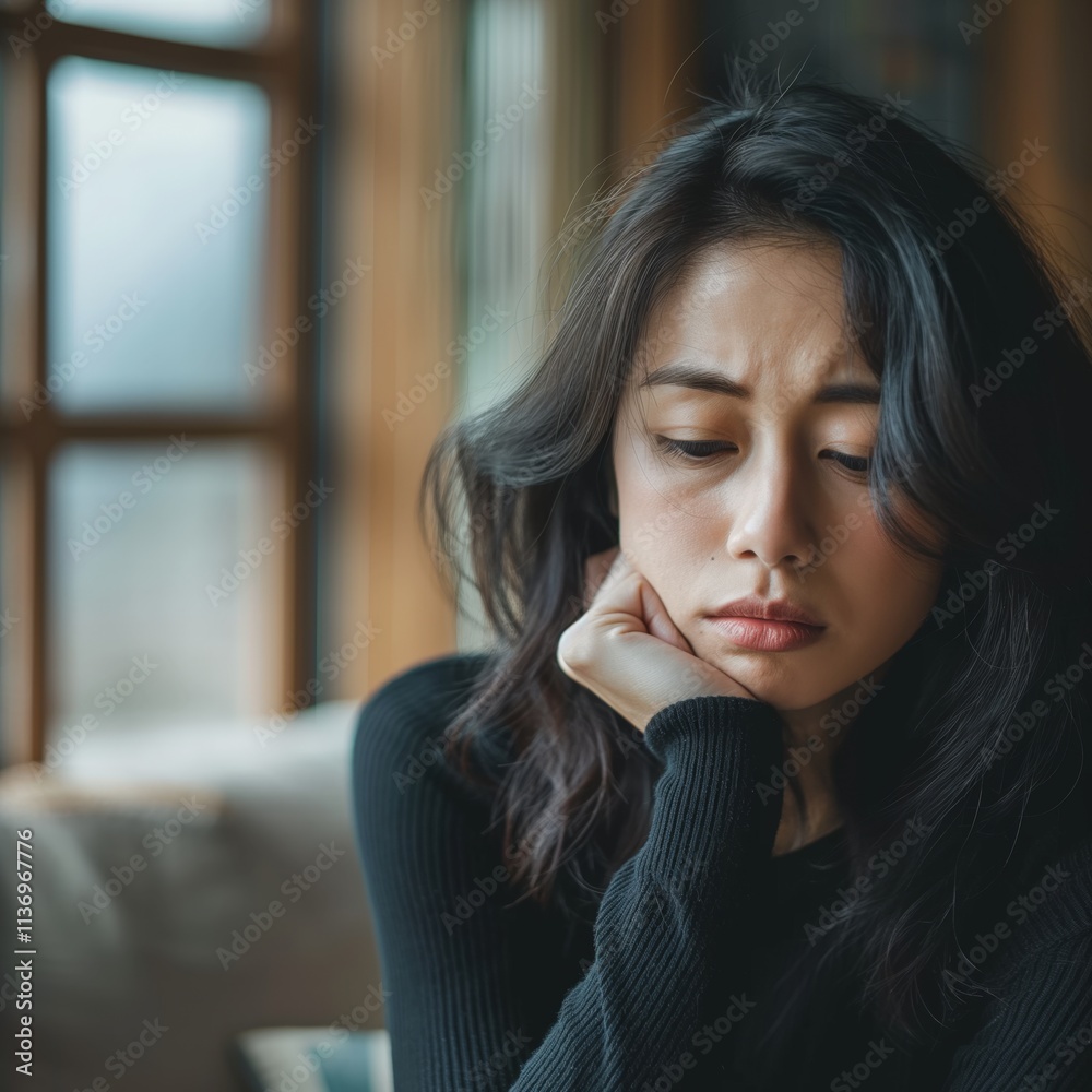 An Asian-American woman gazes down thoughtfully, showing signs of sadness while seated in a warm, inviting indoor space An Asian-American woman gazes down thoughtfully, showing signs of sadness while seated in a warm, inviting indoor space