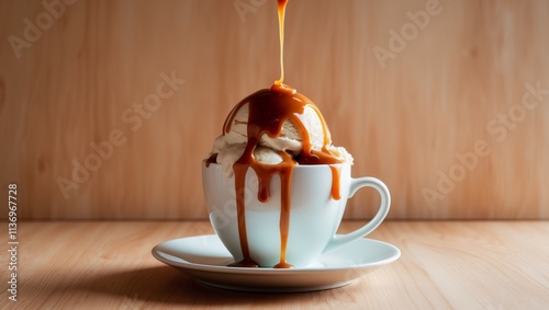 Ice cream sundae in white cup with caramel sauce and wooden table background
