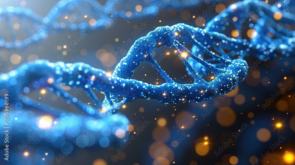A close-up view of a DNA double helix with shimmering particles and a blurred background. A close-up view of a DNA double helix with shimmering particles and a blurred background.