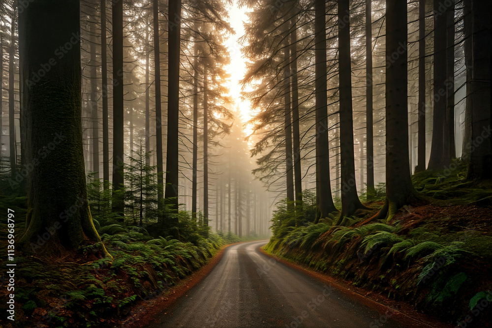 Road in green forest in rainy summer day. Beautiful mountain roadway, tress, grass, Landscape with empty highway through the wood in spring. Road in green forest in rainy summer day. Beautiful mountain roadway, tress, grass, Landscape with empty highway through the wood in spring.