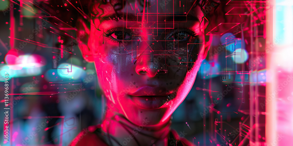 Fototapeta premium Stylized Female Portrait with Digital Circuitry Overlay