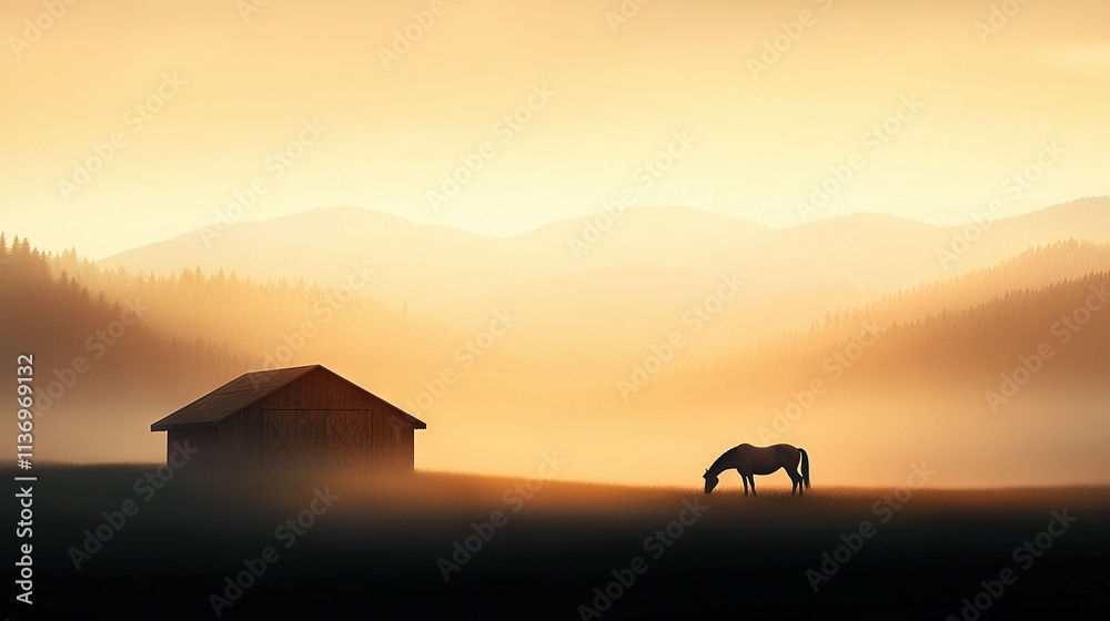  A horse grazes in a field, with a barn in the foreground and a mountain range in the background
