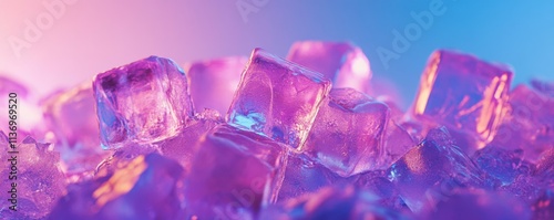 Sucralose health concept. Vibrant purple ice cubes glistening under bright blue light photo