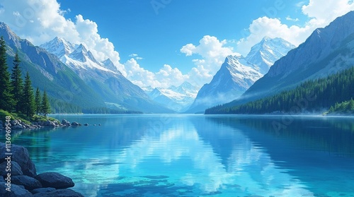 anime wallpaper - Calm mountain lake, with crystal clear water reflecting snow-capped peaks and lush forests.