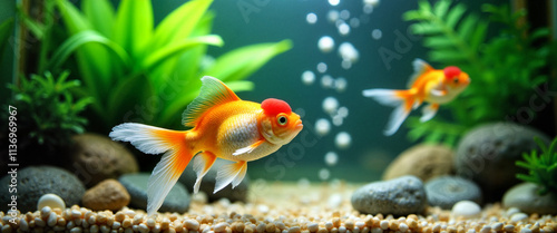 Goldfish swimming in aquarium with plants and bubbles