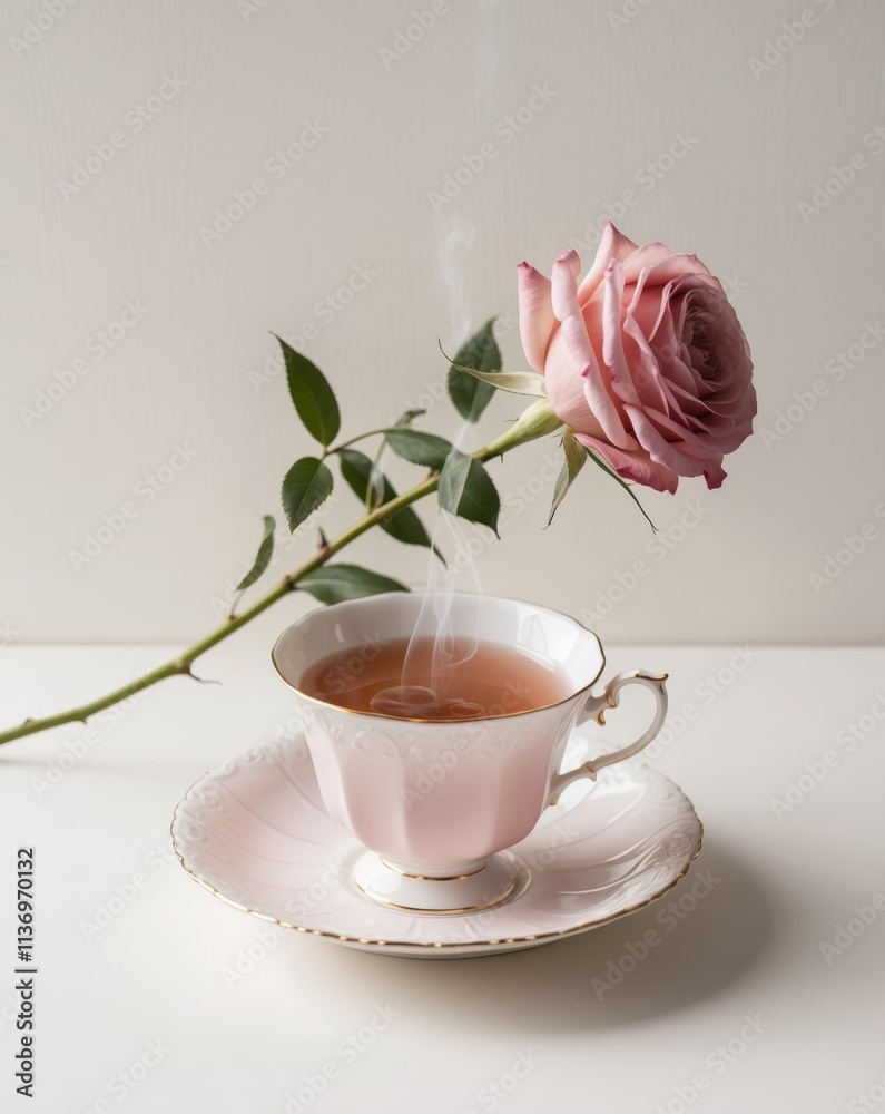 Delicate pink tea cup with aromatic beverage and fresh rose on elegant saucer Delicate pink tea cup with aromatic beverage and fresh rose on elegant saucer