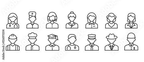 Modern thin line icons of people avatars, Various human character jobs. Premium quality outline symbol collection. Simple mono linear pictogram pack. Editable stroke vector in transparent background.