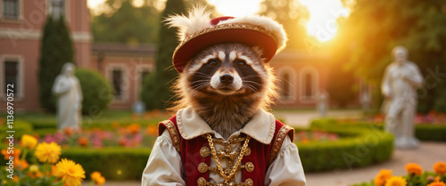 Raccoon in renaissance costume standing in a formal garden
