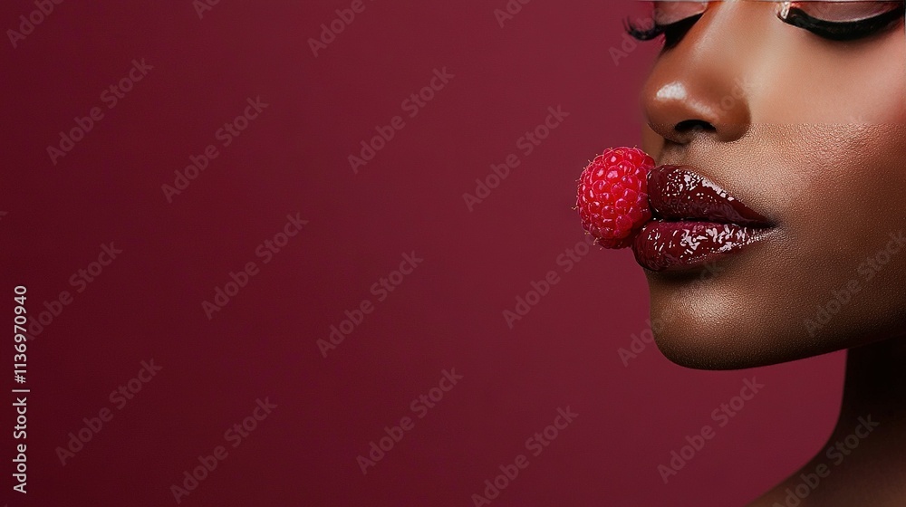 A close-up of a woman holding a raspberry in her mouth and applying lipstick on her cheek, with a berry in hand A close-up of a woman holding a raspberry in her mouth and applying lipstick on her cheek, with a berry in hand