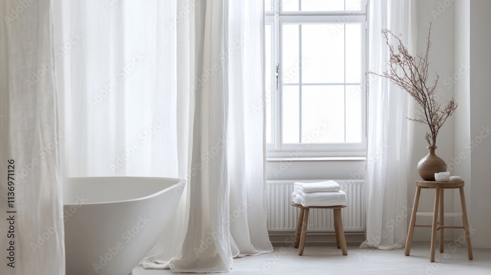Minimalist bathroom with white bathtub, curtains, and window.