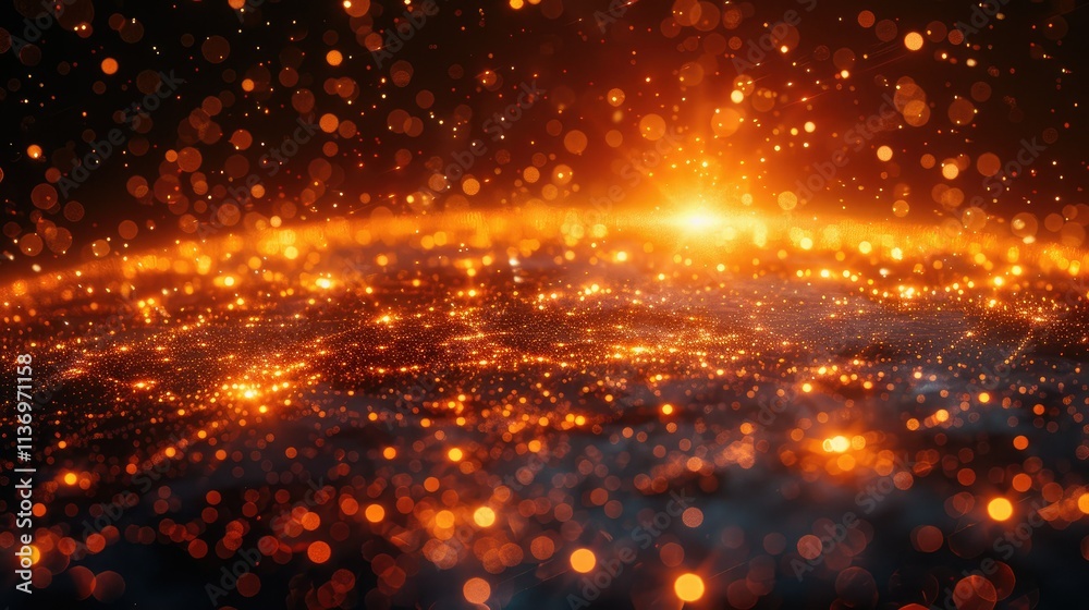 Obraz premium A cosmic scene depicting a glowing, textured surface with sparkling particles and light.